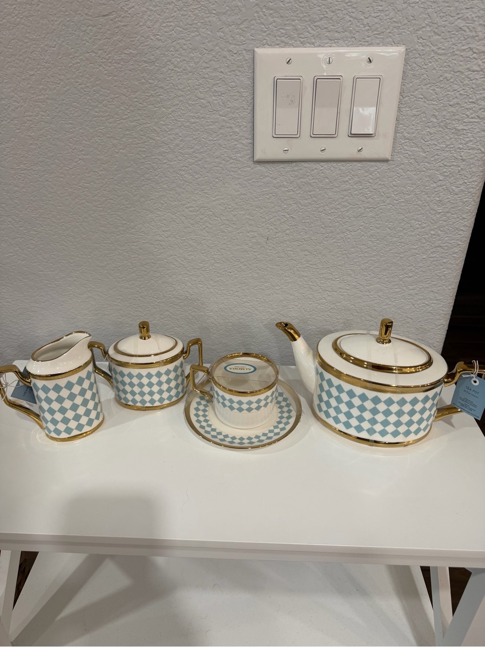 Elegant Blue Check Porcelain Tea Set with Gold Trim - Classic Home Kitchen